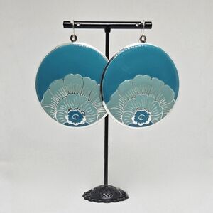 Large Round Teal Floral Earrings – Bold Boho Statement Dangle Jewelry
